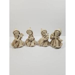 Vintage Wolin Figurines, Christmas Girls, Antiqued Cream Ceramic, Set of 4